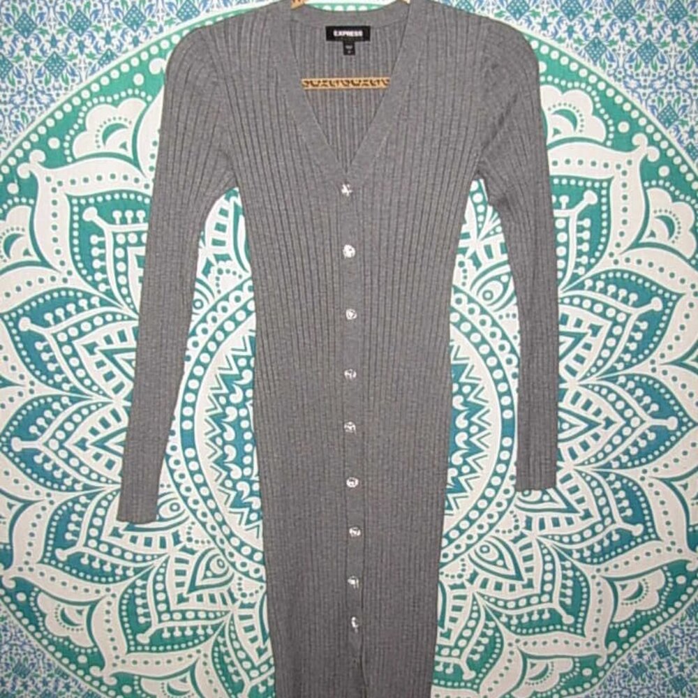Express Ribbed Jewel Button Front Midi Sweater Dress - S